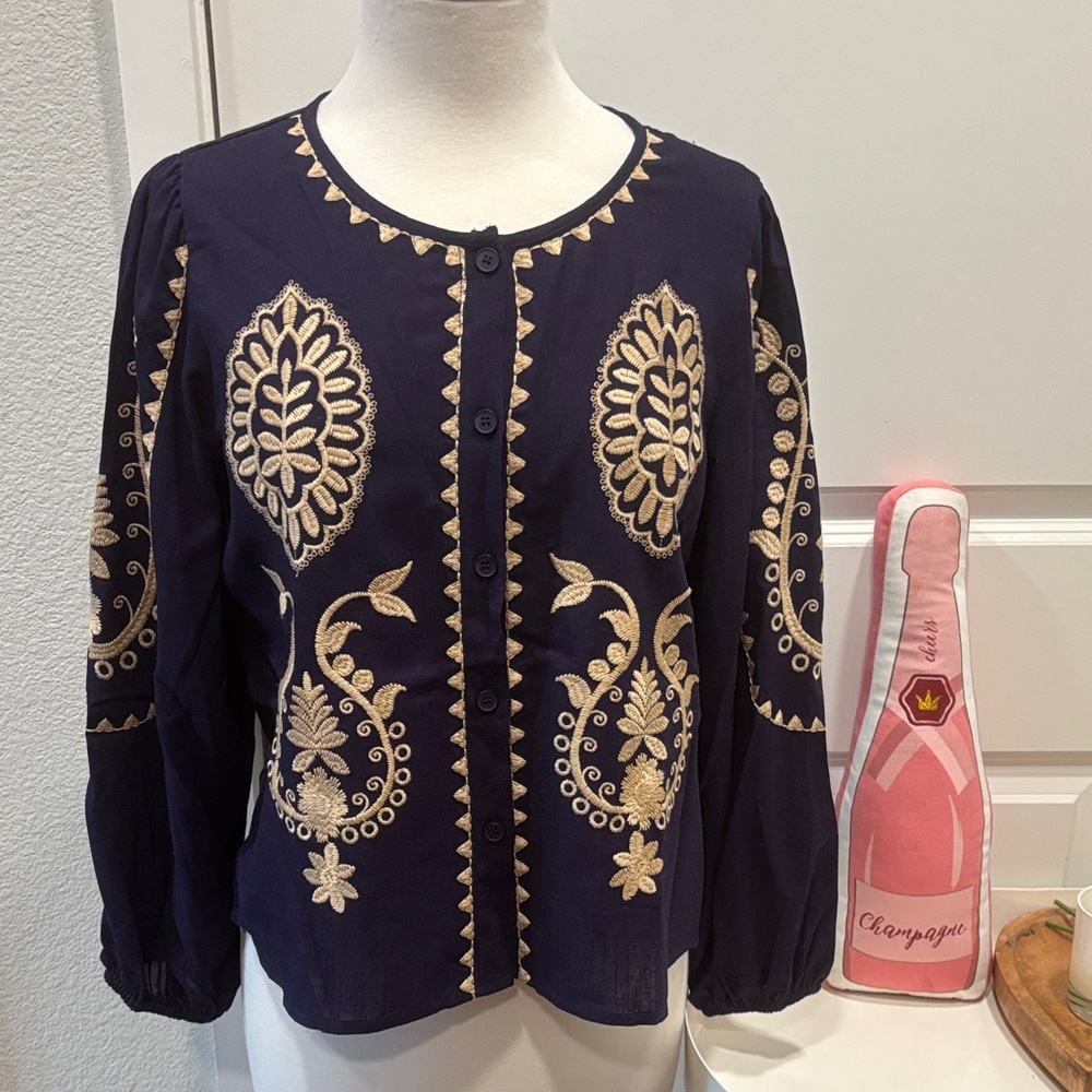 EUC Solitaire Navy Blouse with Gold Embroidery
